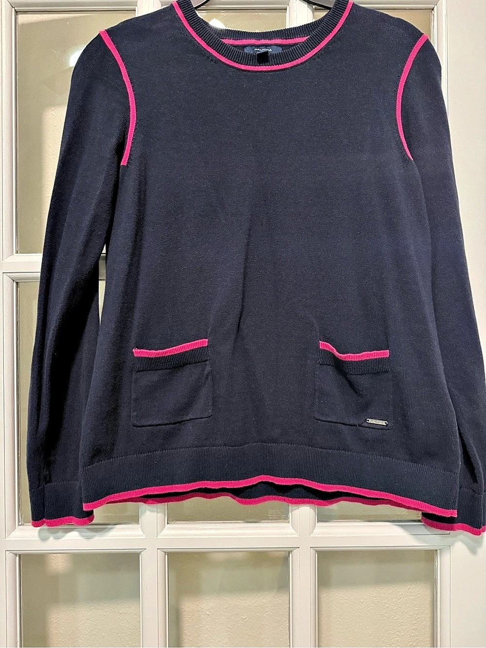 Nautica Womenās Cotton Color Block Sweater Black & Pink Medium